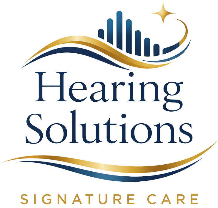 Logo for Hearing Solutions Signature Care, featuring blue and gold sound wave graphics, a gold star in the top right, and the company name in blue text with SIGNATURE CARE in gold below.